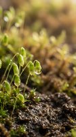 Fresh green seedlings emerging from rich soil with morning dew drops in warm sunlight, symbolizing new life, growth and natural renewal in spring garden.