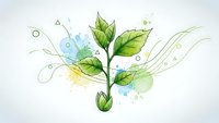 Green plant sprout with leaves emerging from seed surrounded by flowing lines and watercolor splashes on white background for eco design projects.