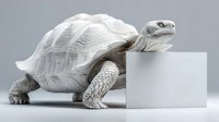 White tortoise sculpture with geometric shell pattern positioned next to blank cube on gray background for modern minimalist design concepts.