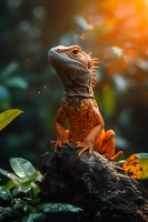 Orange iguana basking on rock in tropical forest with warm sunlight and bokeh background for wildlife and nature projects.