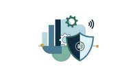 Modern cybersecurity shield protecting digital city skyline with network signals and gears for business technology and data protection solutions.