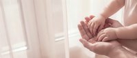 Adult hands gently holding child hands in protective caring gesture against soft natural window light background for family support concepts.