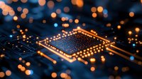 Glowing microchip with orange light effects on dark background, circuit paths and processor core illuminated with bokeh lights, modern technology concept.