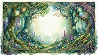 Enchanted forest clearing with magical glowing light surrounded by ornate twisted branches, ferns and purple flowers creating mystical woodland frame.