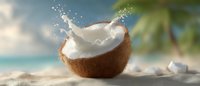 Fresh coconut with splashing milk on sandy tropical beach with palm trees and turquoise ocean water in background, summer refreshment concept.