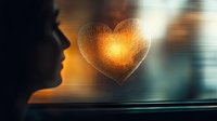 Woman silhouette gazing at glowing golden heart symbol through window with warm bokeh lights creating romantic atmosphere for love concepts.