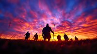 Silhouettes of warriors with spears against dramatic purple and orange sunset sky, group walking through grassy field at dusk creating powerful atmospheric scene.
