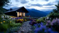 Cozy mountain cabin with glowing windows at dusk, surrounded by colorful wildflowers along stone path. Dramatic cloudy sky and mountain peaks create serene wilderness setting.