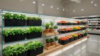 Modern grocery store interior with fresh herbs and vegetables displayed on glass shelves under bright lighting in a clean retail space.