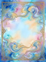 Ornate golden frame with swirling clouds on pastel watercolor background. Decorative border design for invitations, cards, and artistic projects.