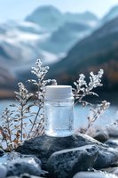 Glass jar with pure water droplets on rock surrounded by frosted plants against misty mountain landscape in cold winter morning light.