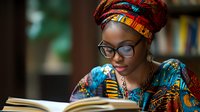 Young African woman in traditional colorful attire and headwrap reading book in library setting, wearing modern glasses. Academic and cultural lifestyle portrait.