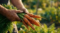 Farmer hands holding fresh organic carrots with green tops from garden harvest in natural sunlight for healthy eating and agriculture.