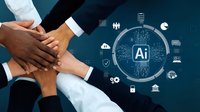 Business team hands together with AI artificial intelligence technology icons and neural network brain symbol for teamwork collaboration.