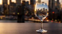 Wine glass reflecting city skyline at sunset with warm golden light and blurred urban background creating elegant dining atmosphere.