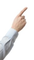 Caucasian male hand in white shirt sleeve pointing index finger upward, isolated on white background, ready for design use.