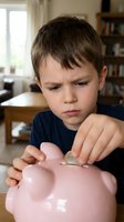 Young Caucasian boy with brown hair wearing dark blue shirt inserting coin into pink piggy bank at home, learning financial literacy and money saving habits.