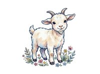 Cute goat standing among wildflowers and green foliage, isolated on white background. Perfect for children's designs, nursery decor, apparel and clipart.