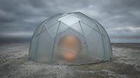 Geodesic dome tent with translucent panels on barren landscape under overcast sky, suitable for camping, glamping, emergency shelter, and outdoor adventure marketing materials.