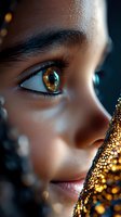 Close-up portrait of African American woman with golden glitter makeup, amber eyes, and long eyelashes against dark background with sparkle elements.