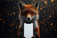 Red fox holding blank smartphone against dark background with golden bokeh lights, concept for wildlife technology or digital nature connection.