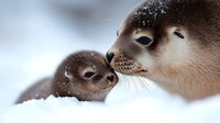 Tender moment between mother seal and baby seal pup in winter snow, showing nurturing behavior and parental care in arctic wildlife environment.