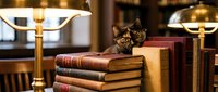 Adorable tabby kitten with glasses sitting on stack of vintage leather books in cozy library setting with warm golden lighting from desk lamps.