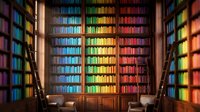 Cozy library interior with floor-to-ceiling wooden bookshelves filled with colorful books organized by color spectrum, warm lighting, reading chairs, and peaceful atmosphere for education and knowledge.