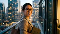 Young Asian businesswoman with glasses smiling confidently in modern office with city skyline at dusk. Professional corporate portrait for career success.