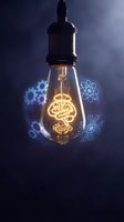 Glowing lightbulb with brain filament surrounded by floating technology icons representing innovation, creativity and scientific breakthrough concepts.