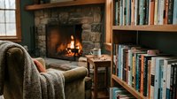 Cozy reading nook with armchair, bookshelves, fireplace and warm lighting creating perfect atmosphere for relaxation and literature enjoyment at home.