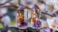 Crystal points with purple and golden inclusions on dark stone against blooming cherry blossoms background, spiritual healing stones and spring nature.