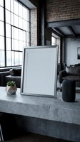 Empty silver frame on concrete table in modern industrial loft with brick walls and large windows for mockup design and home decor presentation.