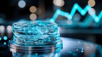 Glowing blue digital cryptocurrency trading concept with futuristic light effects and financial chart background for business presentation.