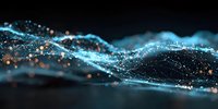 Glowing blue digital wave with golden particles flowing on dark background, creating futuristic technology visualization for business presentations.