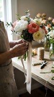 Florist arranging a bridal bouquet with pink peonies, white dahlias, and eucalyptus, tied with ribbon in a rustic flower shop.