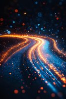 Glowing orange and blue light trails curve through dark space with floating bokeh particles, creating dynamic motion effect for technology backgrounds.