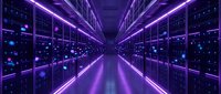 Modern data center server room with purple neon lighting and glowing equipment racks creating futuristic technology corridor for digital infrastructure concepts.