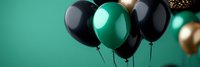 Festive balloon arrangement with black, green and gold balloons floating against turquoise background for party celebrations and special events.