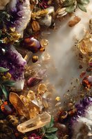 Colorful healing crystals and amethyst geode with dried flowers and herbs arranged in mystical flat lay for spiritual practices.