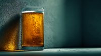 Cold beer glass with golden lager and condensation droplets on textured surface against moody dark background for beverage advertising and bar concepts.