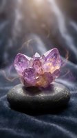 Purple amethyst crystal cluster on zen stone with magical golden sparkles and smoke for meditation, healing, spirituality and wellness concepts.
