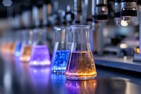 Laboratory glassware with colorful chemical solutions glowing in dark science lab, erlenmeyer flasks containing orange and blue liquids on counter with bokeh lights.