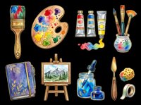 Colorful art supplies collection isolated on transparent background, ready for t-shirt designs, clipart, stickers, sublimation, and print-on-demand projects.