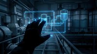 Industrial worker hand touching holographic digital interface in modern factory with glowing blue technology overlay for automation and smart manufacturing.