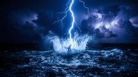 Lightning bolt strikes turbulent ocean waves during dramatic nighttime storm with dark clouds and electric blue light.