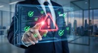 Business professional activating cybersecurity alert system with digital interface displaying warning triangle and security checkmarks in modern office.