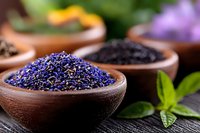 Dried lavender flowers in rustic clay bowl with fresh mint leaves on dark wooden background, aromatic herbs and spices for natural wellness and cooking.