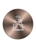 Rose gold metallic button with online education icons featuring laptop computer, graduation cap and wifi signal for e-learning platforms and digital courses.