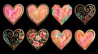 Watercolor heart shapes with floral and ornamental patterns, isolated on transparent background. Ready for t-shirt designs, clipart, stickers, sublimation, print-on-demand products and digital crafts.